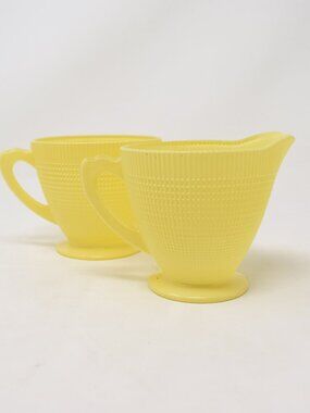 Dominion Glass Saguenay Creamer & Sugar Bowl Yellow 1940s Midcentury Boho Cottag